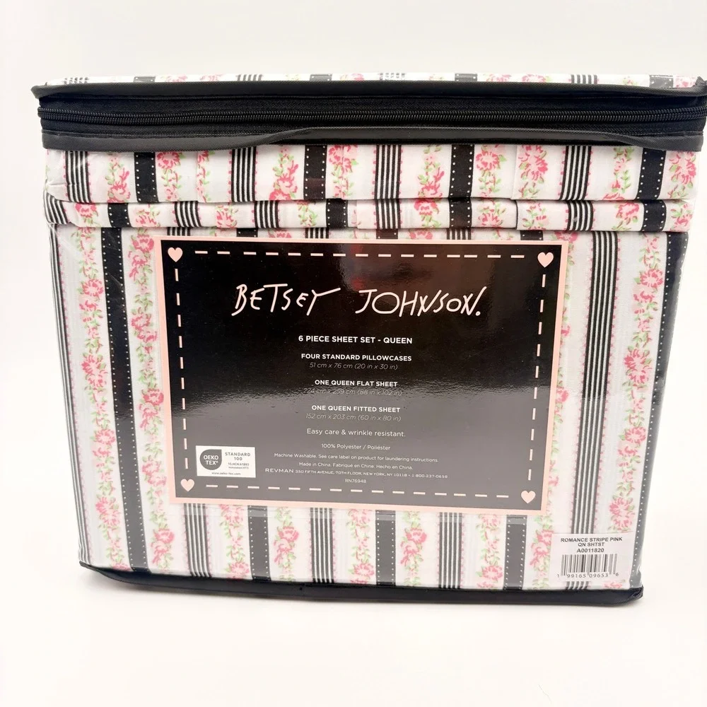 Betsey Johnson Queen 6‎ Piece Sheet Set Romance Stripe Pink Floral Black White